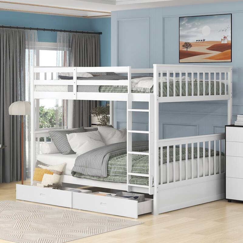 Full-Over-Full Bunk Bed with Ladders and Two Storage Drawers in White - White