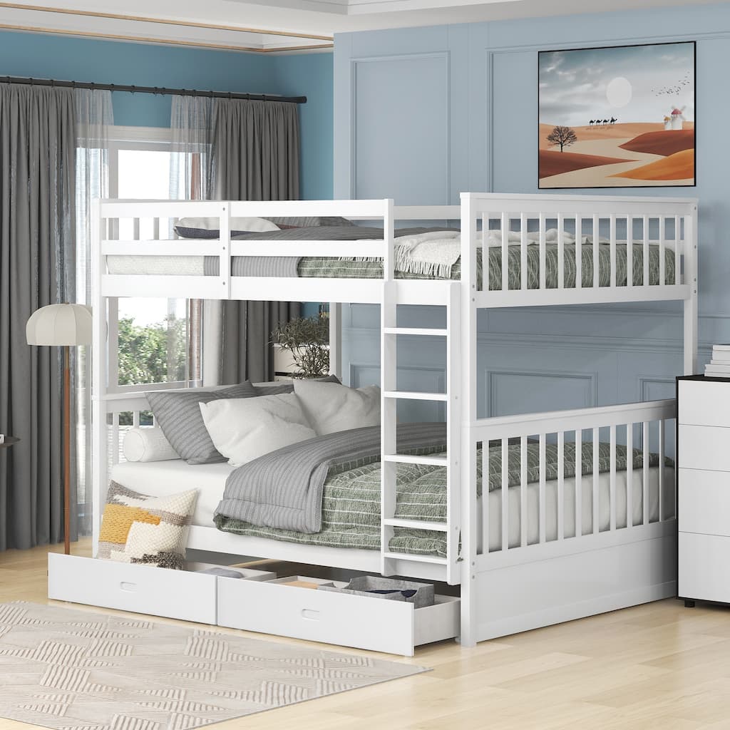 Full-Over-Full Bunk Bed with Ladders and Two Storage Drawers in White