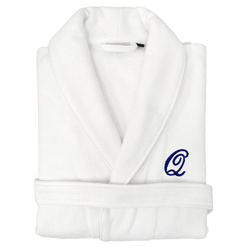 Authentic Hotel and Spa Unisex Navy Blue Monogrammed Turkish Cotton Waffle Weave Terry Bath Robe - Q - S/M
