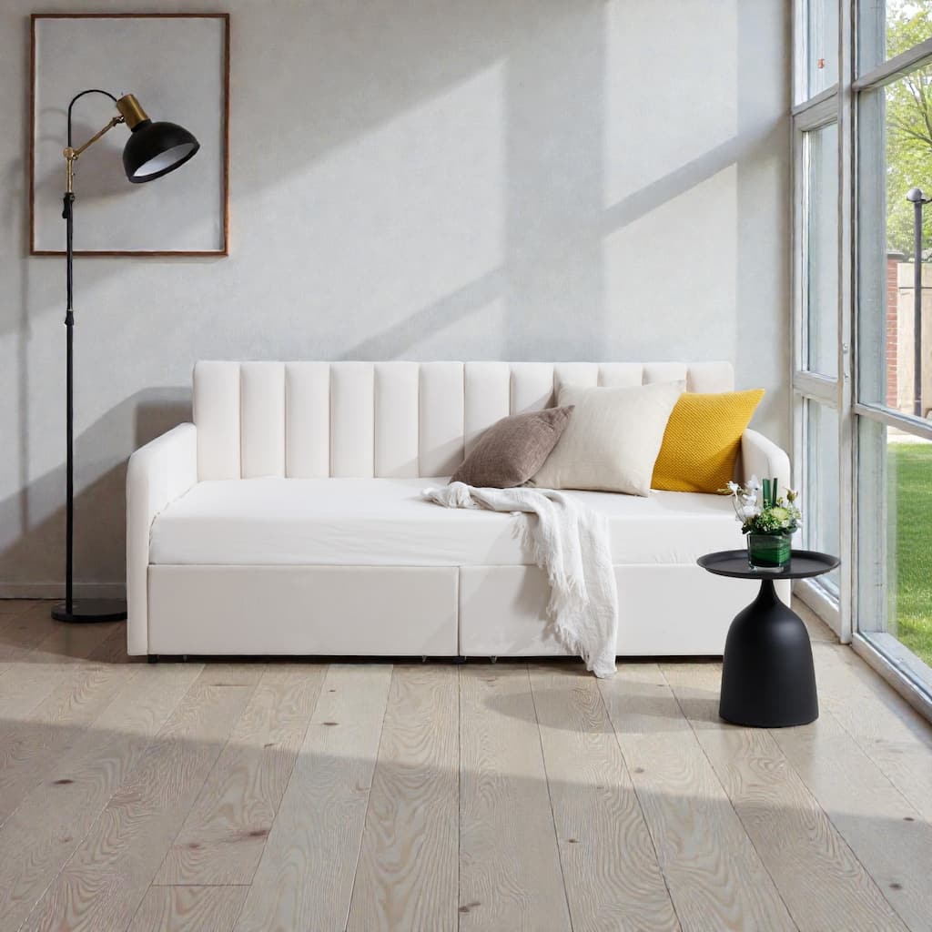 Twin Upholstered Daybed with 2 Storage Drawers, Ivory Velvet Boucle Daybed with Ribbed Tufted Backrest, Modern Design