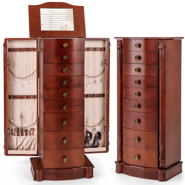 Large Wooden Jewelry Storage Box Organizer - 17" x 12" x 39.5" (L x W x H) - Walnut