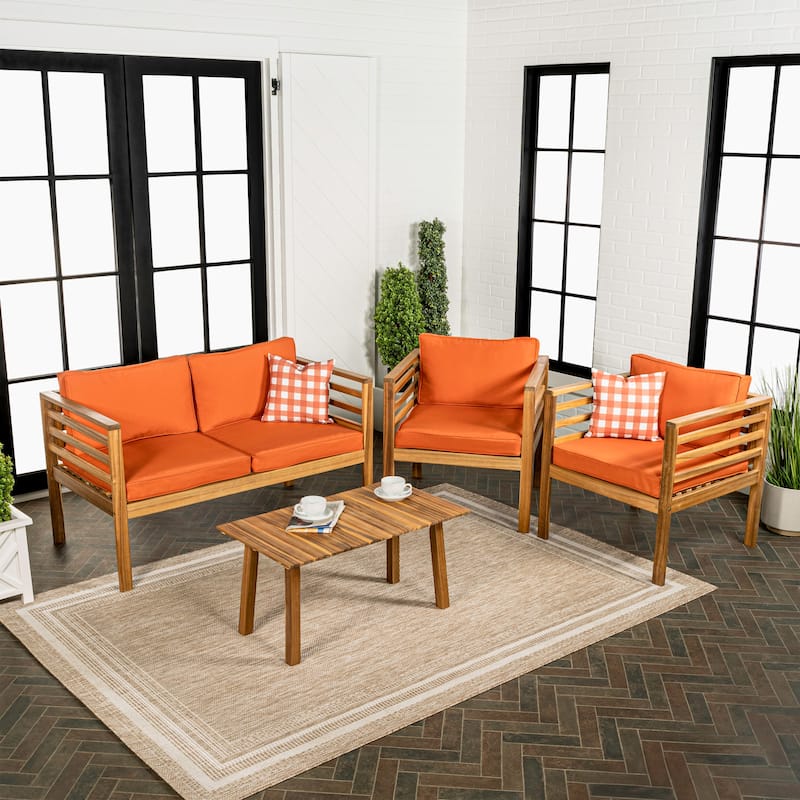 Everly 4-Piece Mid-Century Modern Acacia Wood Outdoor Patio Set with Cushions and Plaid Decorative Pillows, by JONATHAN Y
