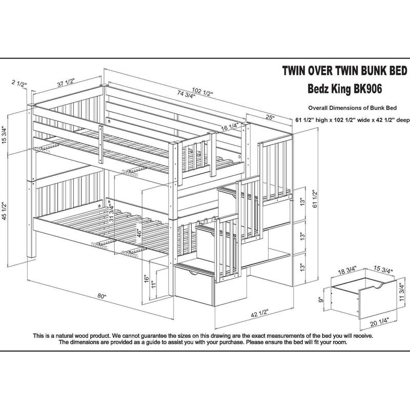 Taylor & Olive Trillium Twin over Twin Stairway Bunk Bed, 2 Drawers