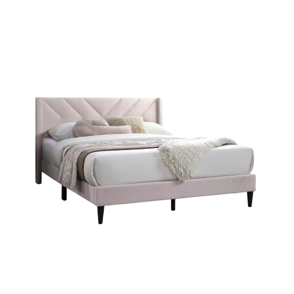 Niasa Full Size Bed, Chevron Tufted Pink Velvet Upholstered Foam