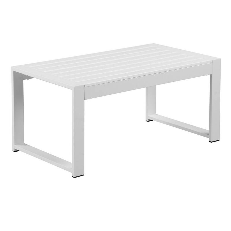 Lark 35 Inch Outdoor Coffee Table, White Aluminum Frame, Polyresin Top