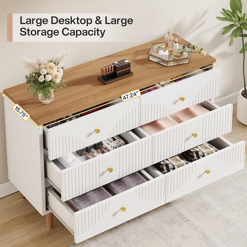 47 inches Modern White Dresser 6 Drawer Dresser for Bedroom