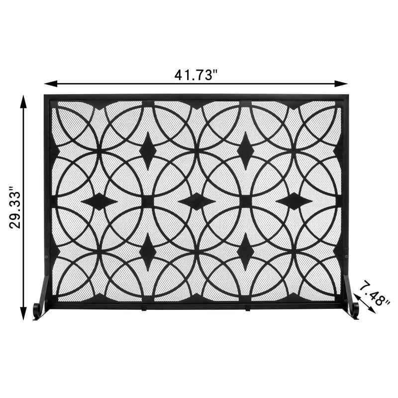 Modern Single Panel Black Unique Pattern Iron Fireplace Screen- - 41.73'' x 12.20'' x 29.33''