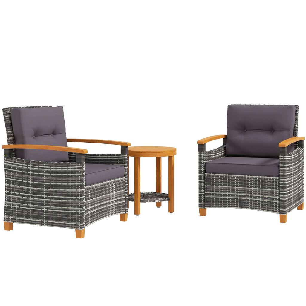 3-Piece Outdoor Wicker Seating Set with Round Coffee Table and Removable Cushions - 26"W x 27.6"D x 31.1"H