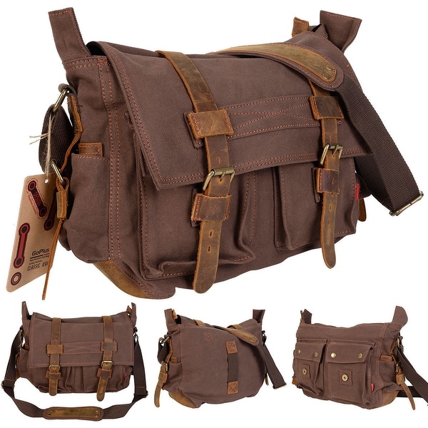 Shop Costway Men&#39;s Vintage Canvas Leather School Military Shoulder Messenger Bag (Coffee ...