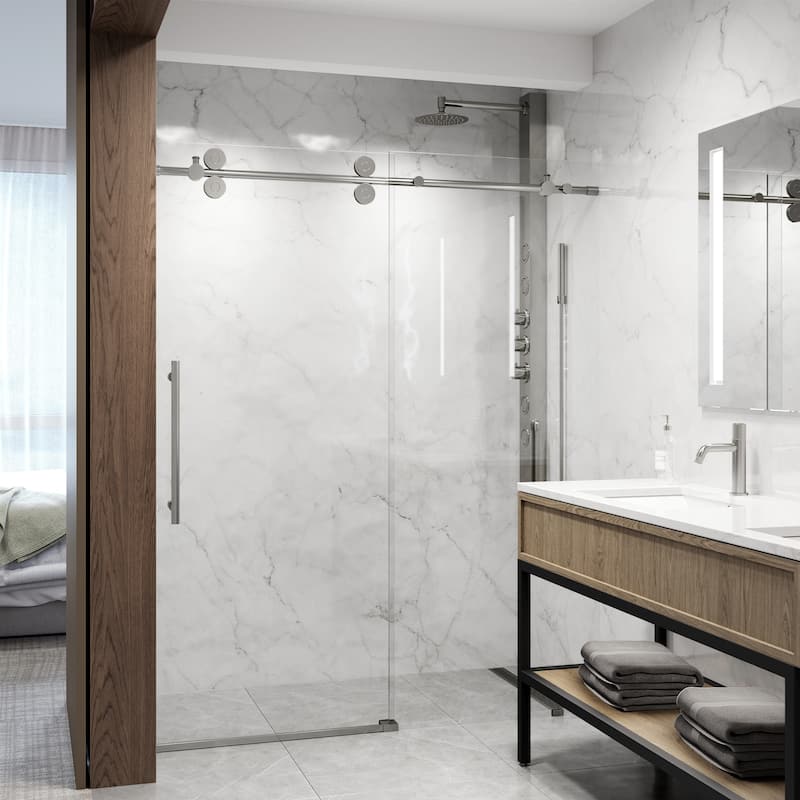 VIGO Elan 56" to 60" W x 74" H Frameless Sliding Shower Door - Stainless Steel