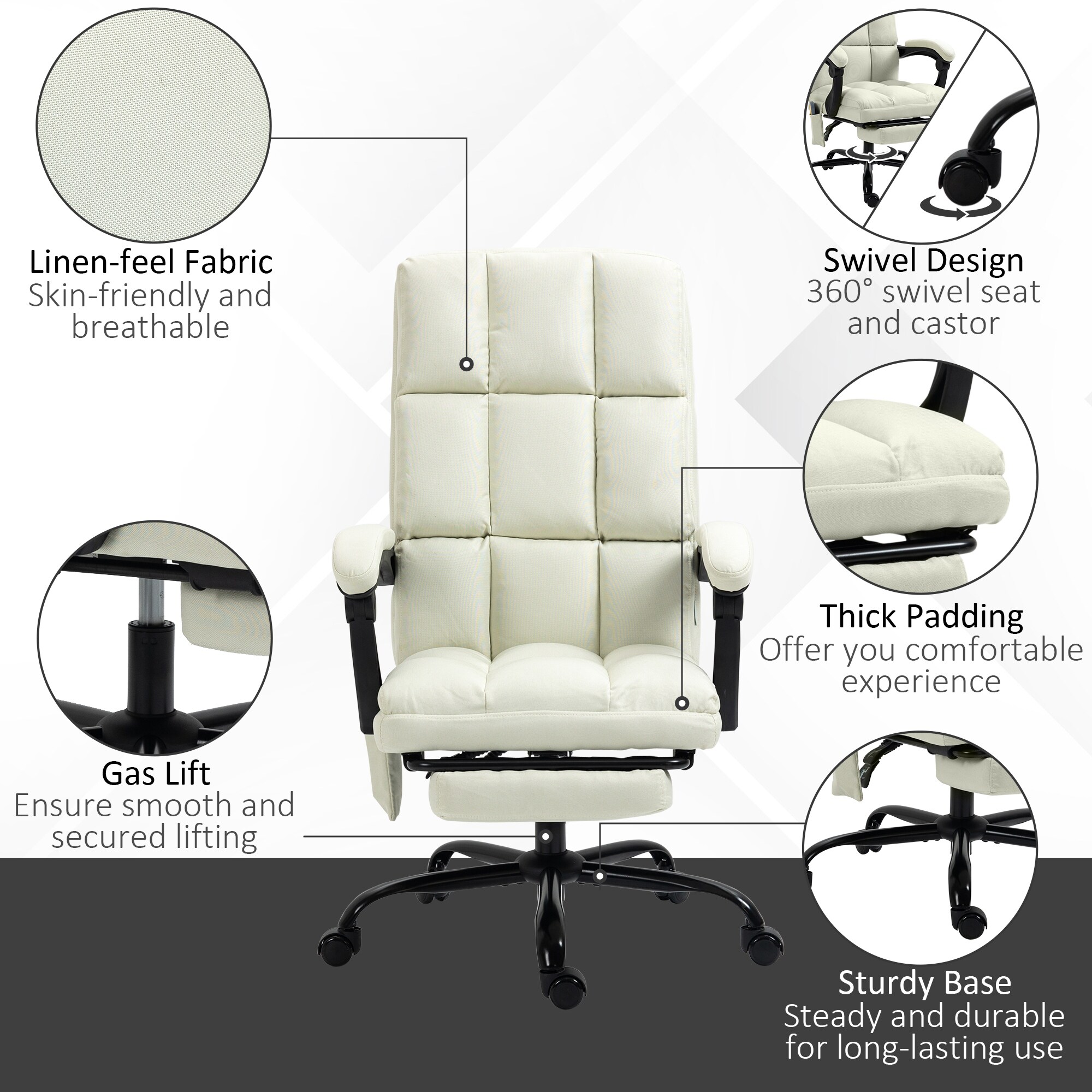Reclining Office Chair Rolling Swivel Chair Footrest Linen-Feel