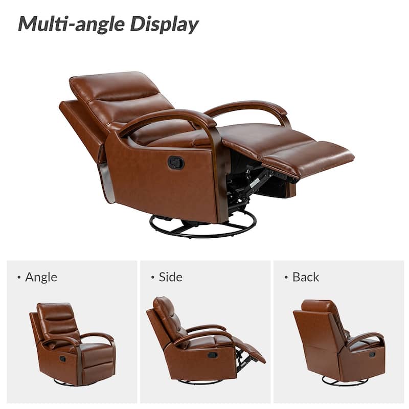 Leopold Modern Genuine Leather Swivel Rocking Manual Recliner Chair with Wooden Arm Accents by HULALA HOME