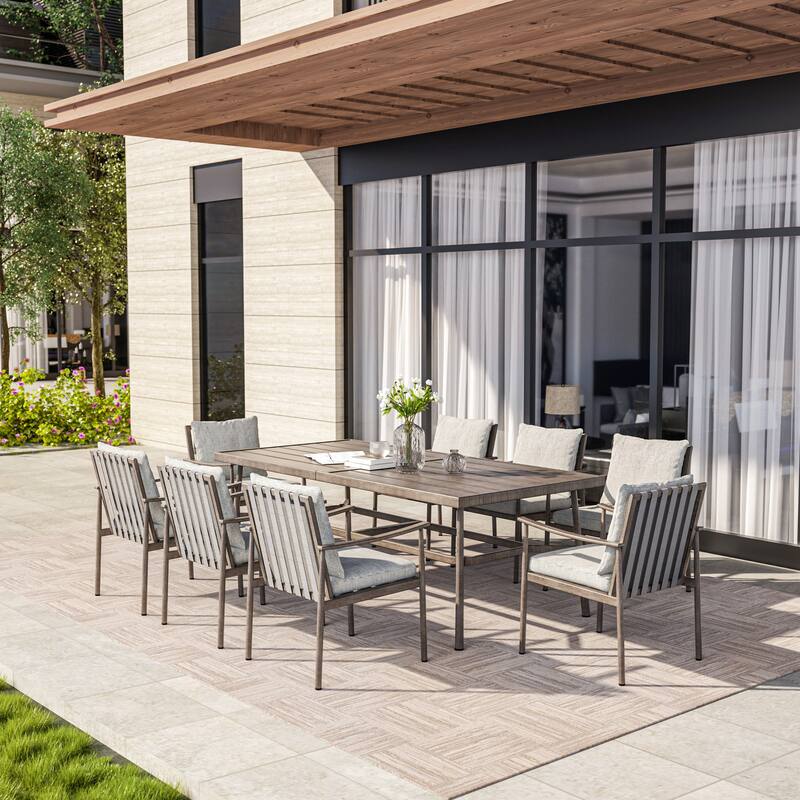 SleekLine 9-Piece Aluminum Patio Dining Set with Webbing Chair Back and Removable Cushions - Grey