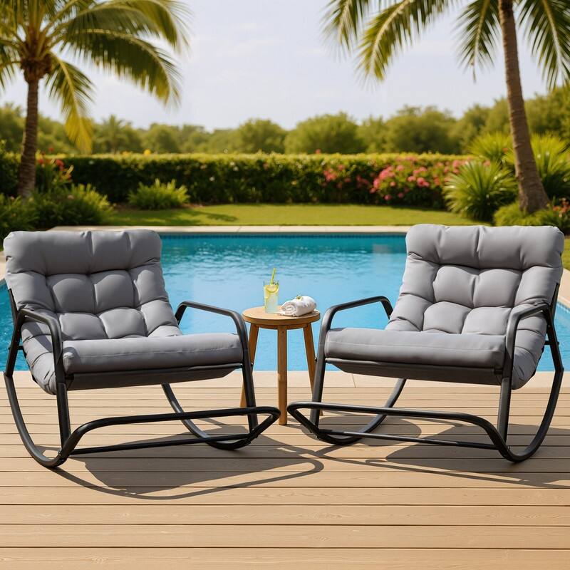 FINCATI Outdoor Patio Rocking Chair, Papasan Chair Rocker, Oversized Padded Rocking Chair, Lounge Rocker with Cushion - 2 PCS-Light Grey