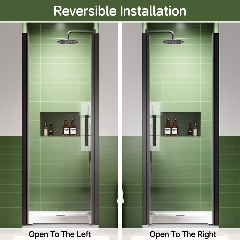 Matte Black Hinged Shower Door 30x75, 6mm Tempered Glass, Headerless, 1.5 in Adjustable, Left/Right In/Out