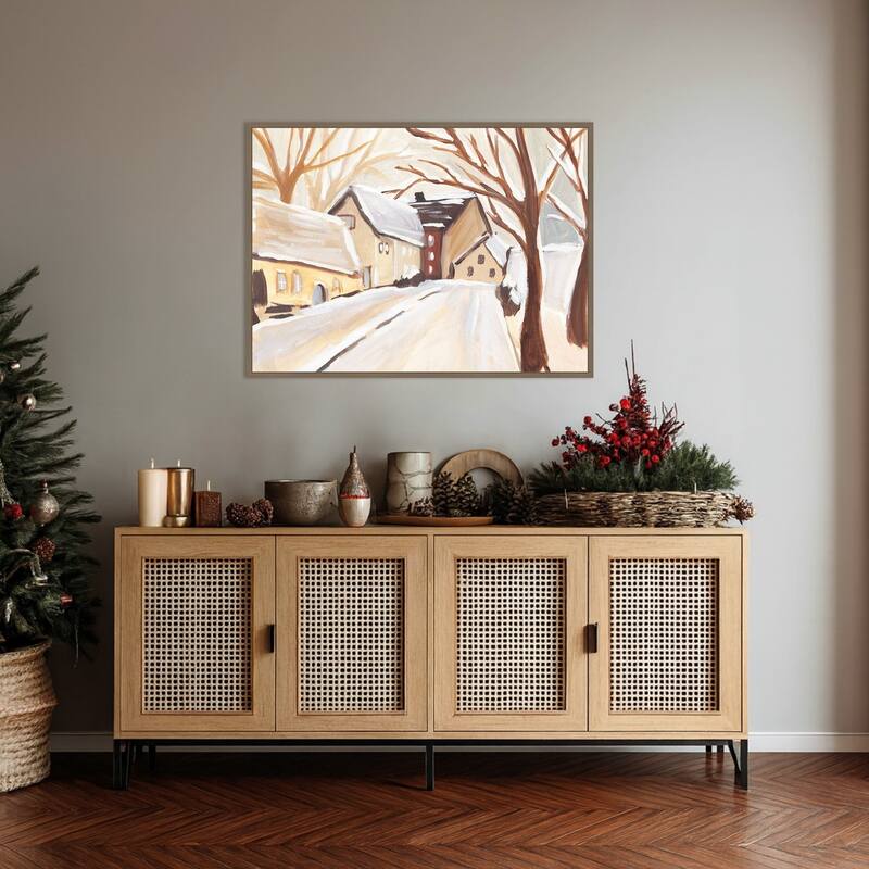 Snowy Street I by Annie Warren Framed Canvas Wall Art Print - Sylvie Dark Gold