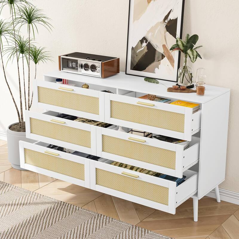 Modern Rattan 6-Drawer Dresser with Gold Handles
