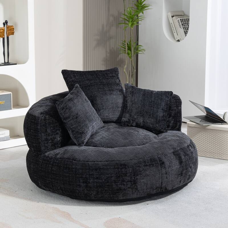 Chenille Upholstered Durable Comfort Lounger High Back Bean Bag Lazy Sofa With Three Pillows - Black