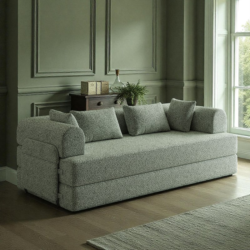 78.7" Convertible Sleeper Sofa Bed, Chenille Folding Mattress Couch with Side Pocket & Pillows, No-Assembly Floor Lounge Sofa - Green