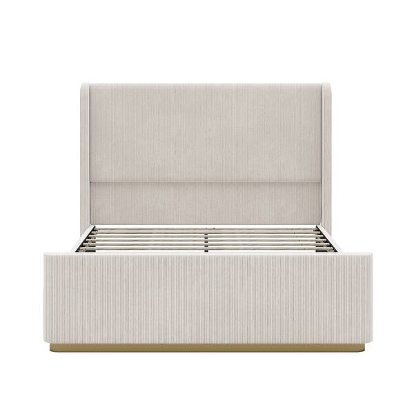 Corduroy Upholstered Bed Frame with Vertical Stripe Wingback Headboard