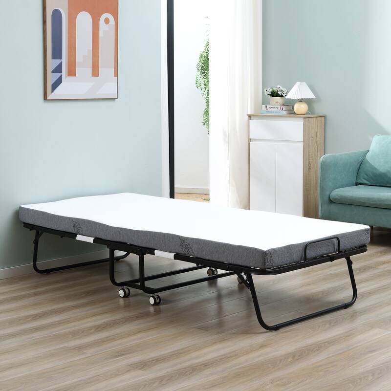 HOMCOM Folding Bed with 4 Inch Mattress, Portable Foldable Guest Bed with Sturdy Metal Frame on Wheels - White - Full