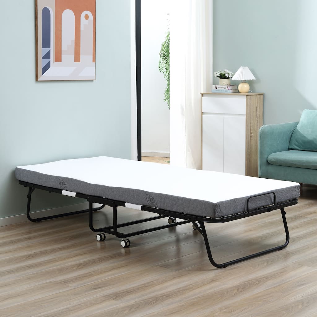 Folding Guest Bed with Padded Mattress and Metal Frame, Space-Saving Portable Bed with Wheels
