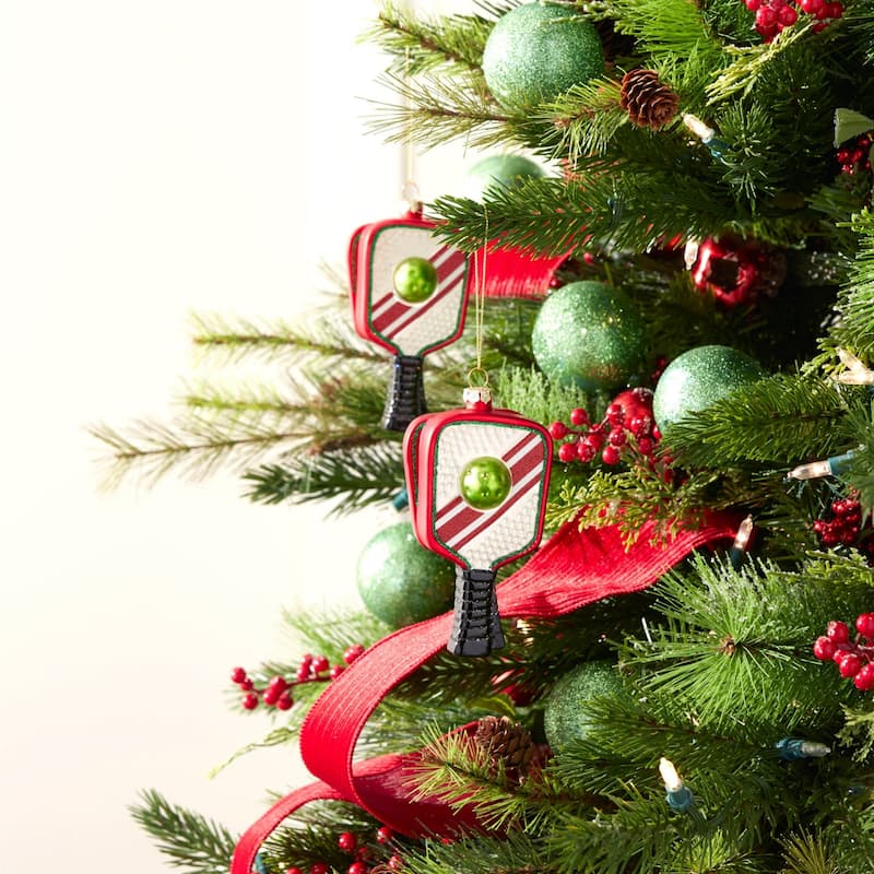 Pickleball Racket Glass Christmas Ornaments - 5" - Red and Black - 6ct