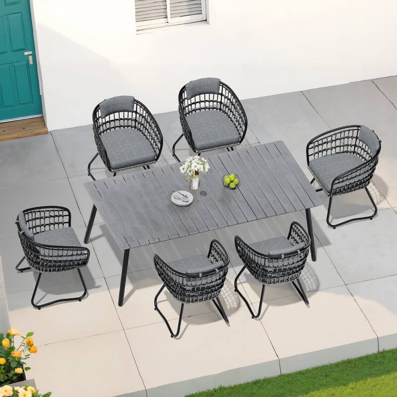 7-Piece Patio Dining Set Outdoor Aluminum Dining Table and PE Rattan Wicker Dining Chairs