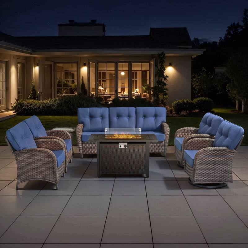 TWrap Wicker Patio Iron Fire Pit Conversation Set with 3-Seat Sofa & Swivel Gliders & Armchairs - Brown/Navy Blue - No Ottomans