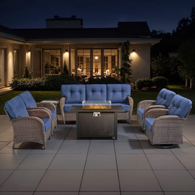 TWrap Wicker Patio Iron Fire Pit Conversation Set with 3-Seat Sofa & Swivel Gliders & Armchairs