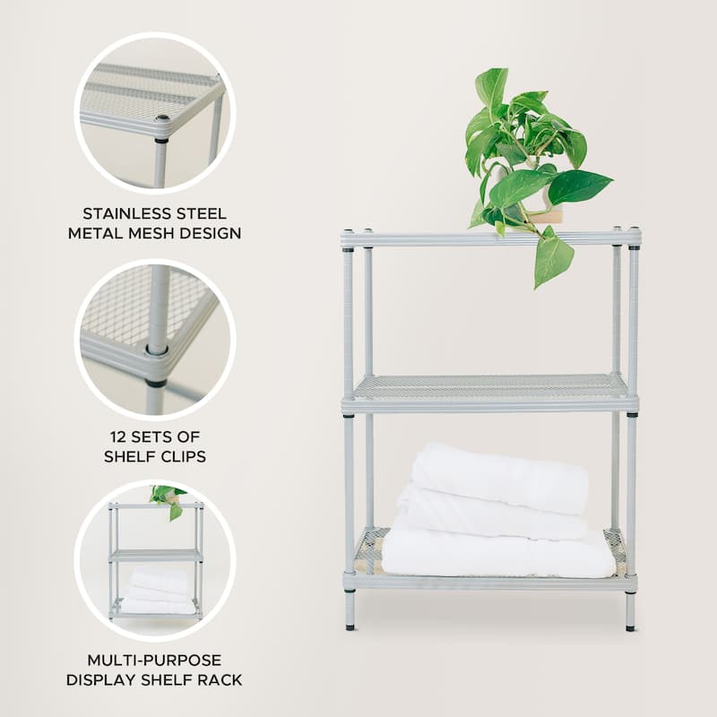 Design Ideas MeshWorks 3 Tier Full-Size Metal Storage Shelving Unit Rack, White