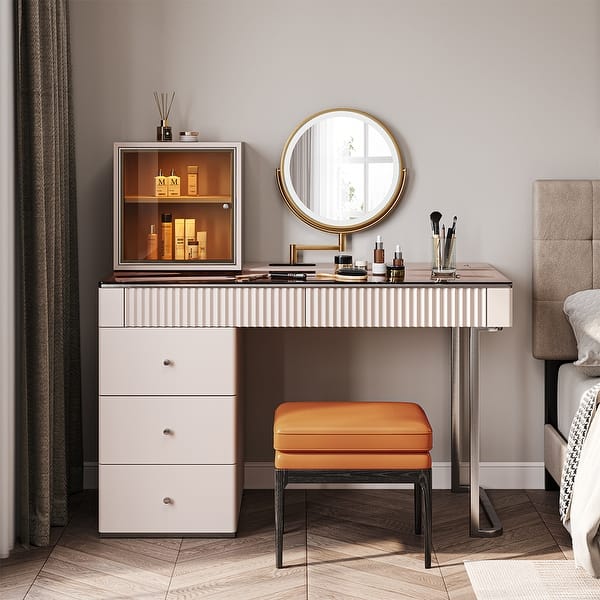 Modern Wood Makeup Vanity Table with LED Lighted Mirror, Dressing Table  with PU Leather Stool, 5 Drawers - On Sale - Bed Bath & Beyond - 37170160