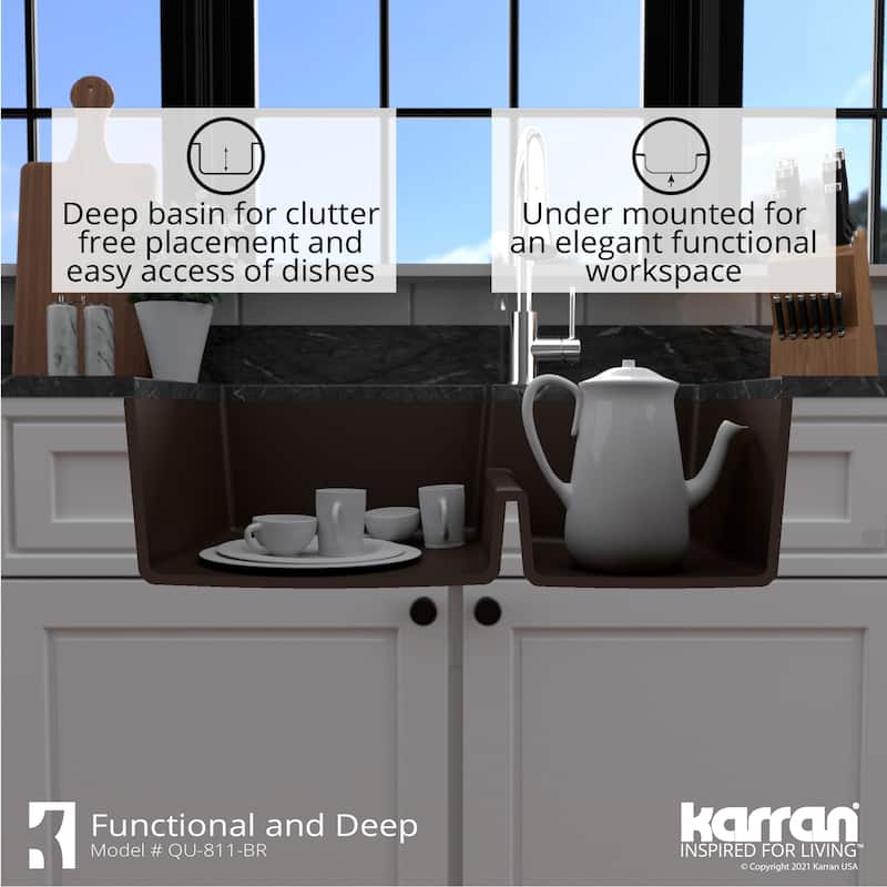Karran Undermount Large/Small Bowl Quartz Kitchen Sink - 32" x 21.25" x 9" - 32" x 21.25" x 9"