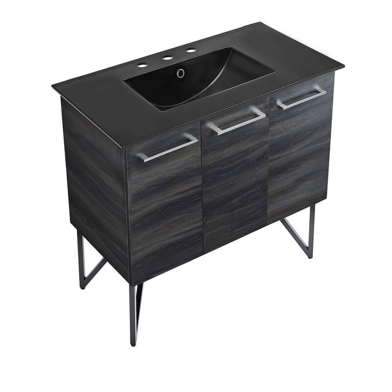 Annecy 36 In. Black Walnut Bathroom Vanity With Black, 3-Hole Ceramic Sink Top