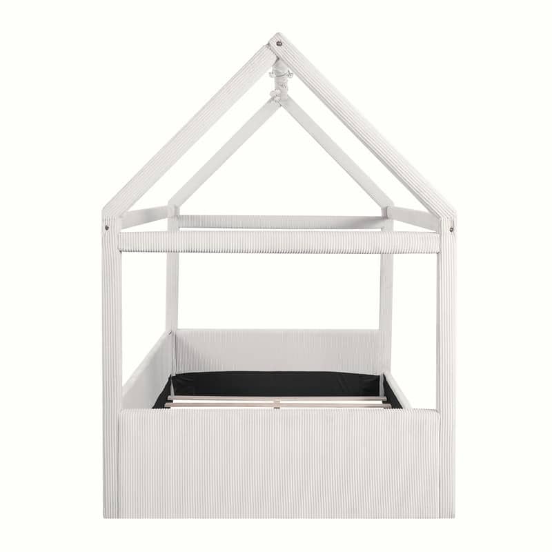 Full Size Upholstered House-Shaped Kids Bed with LED Light Strips, Corduroy Platform Bed Frame Floor Bed