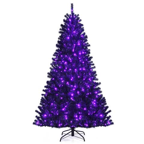 Costway 7ft Pre-lit PVC Christmas Halloween Tree Black w/ 500 Purple