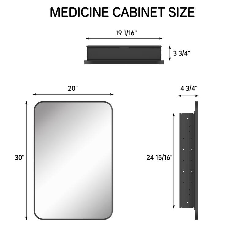 20x30 in Black Framed Mirrored Medicine Cabinet, Recessed/Surface Mount, Tempered Glass Shelves, Fully Assembled