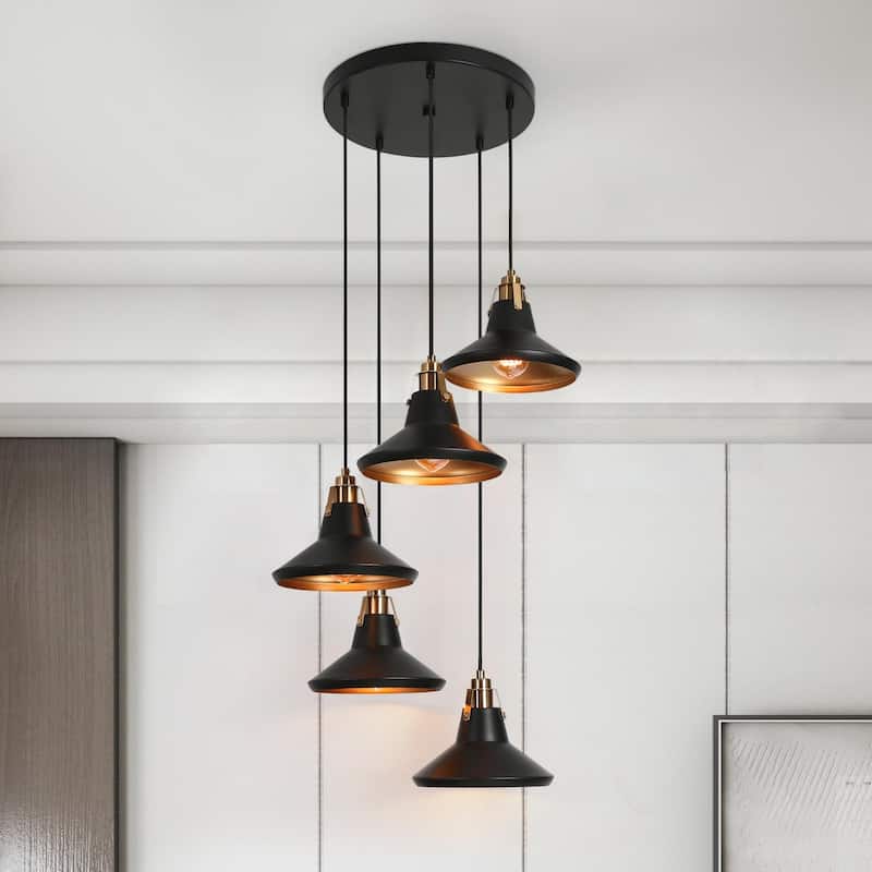 Modern Farmhouse 5-Light Black Brass Metal Chandelier with Bowl-Shaped Pendant Lights for Kitchen Dining Room - 20" D x 7" H