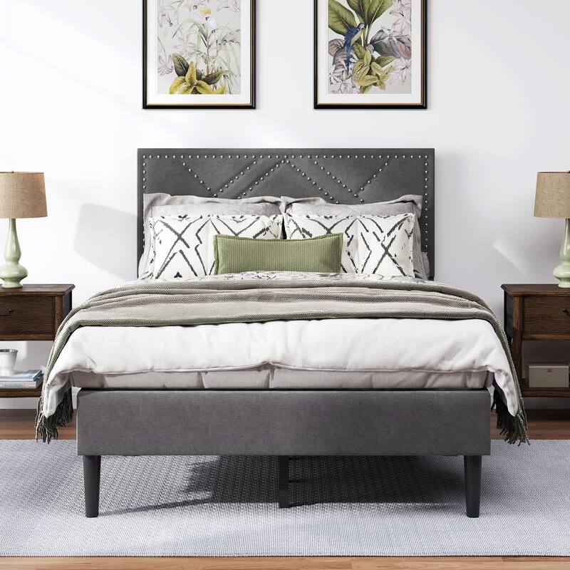 Anmytek Carbon Gray Full Size Upholstered Platform Bed with Storage Headboard No Box Spring Needed - Carbon Gray