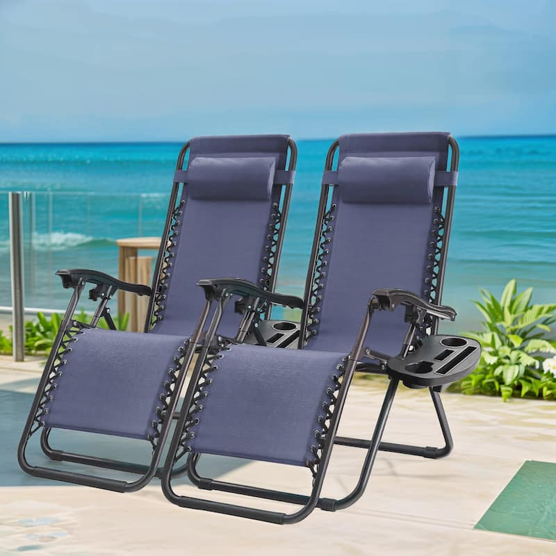 Set of 2 Zero Gravity Recliner Lounge Chairs with Cup Holders, Folding Patio Camping Beach Chairs for Outdoor Relaxation