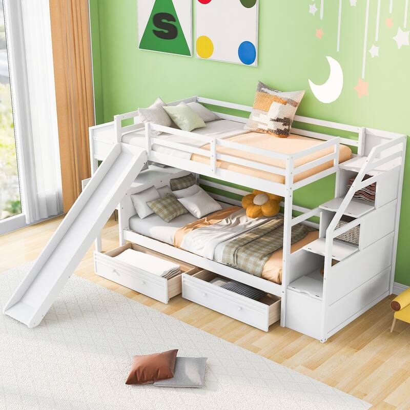Twin Over Twin Bunk Bed With Storage Staircase, Slide And Drawers, Desk With Drawers And Shelves