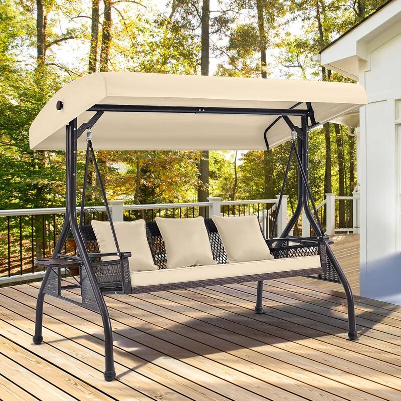 Outdoor 3-Seat Porch Swing with Adjustable Canopy & Cup Holder,Porch Swing Glider Chair, Heavy-Duty Steel Frame - Woven Rattan - Khaki
