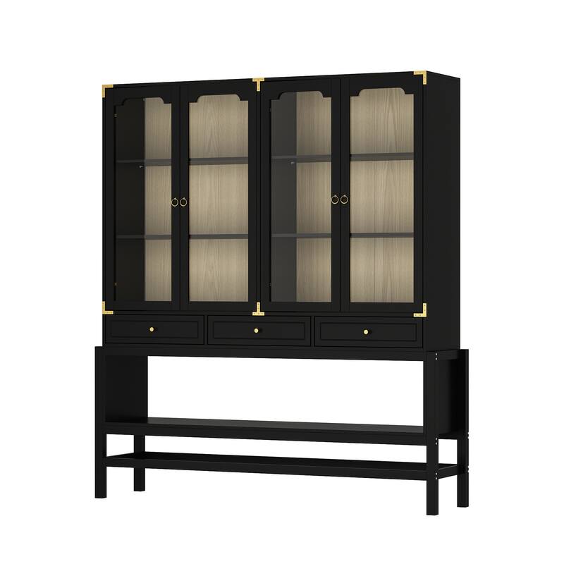 Bookshelves Black Display Cabinet with Glass Doors, Wood Grain Back, Metal Corner Accents - 66.1"x74.8"