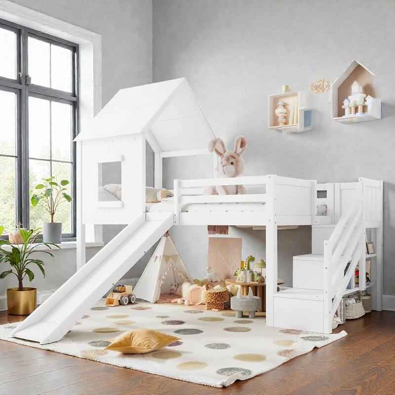 Twin House Loft Bed with Slide and Stairs, Storage Cabinets and Removable Desk, Kids Space Saving Loft Bed