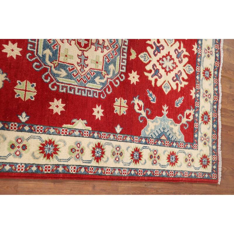 Red Geometric Kazak Rug Hand-Knotted Wool Carpet - 3'5" x 5'0"