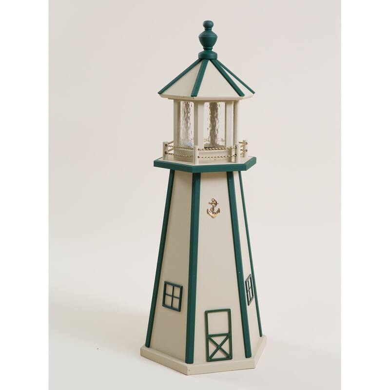 Wooden Lighthouse with Solar Light - 3 Foot - Beige/Green
