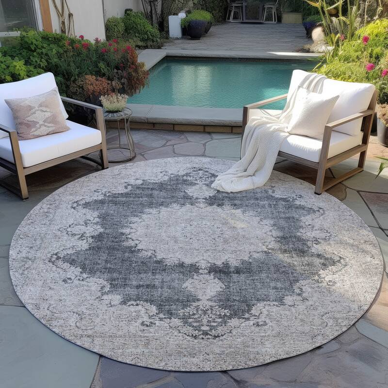 Machine Washable Indoor/ Outdoor Vintage Traditional Chantille Rug - Black - 8' x 8'