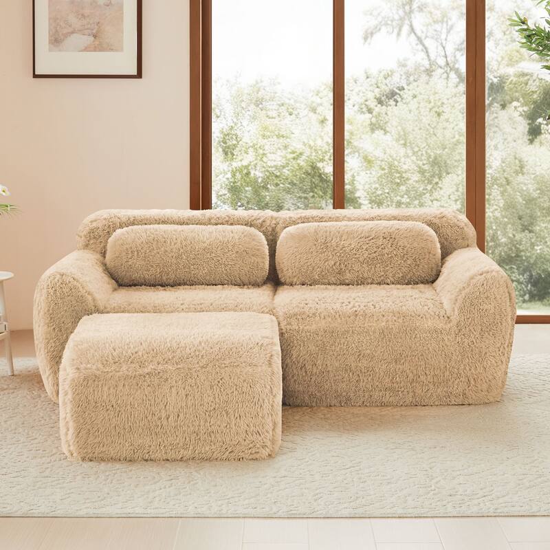 Rossetta 2-seater L-shaped Boneless Soft Fluffy Plush Fabric Sofa Couches with Throw Pillows, Moveable Ottoman - Light Khaki