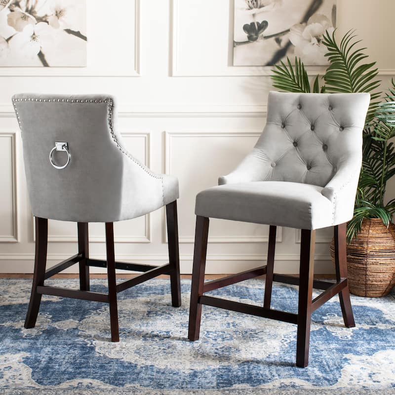 SAFAVIEH Dottie 26-inch Tufted Wing Back Counter Stool - Grey / Espresso (Set of 2) - 22.5" x 25" x 41" - 22.5" x 25" x 41"