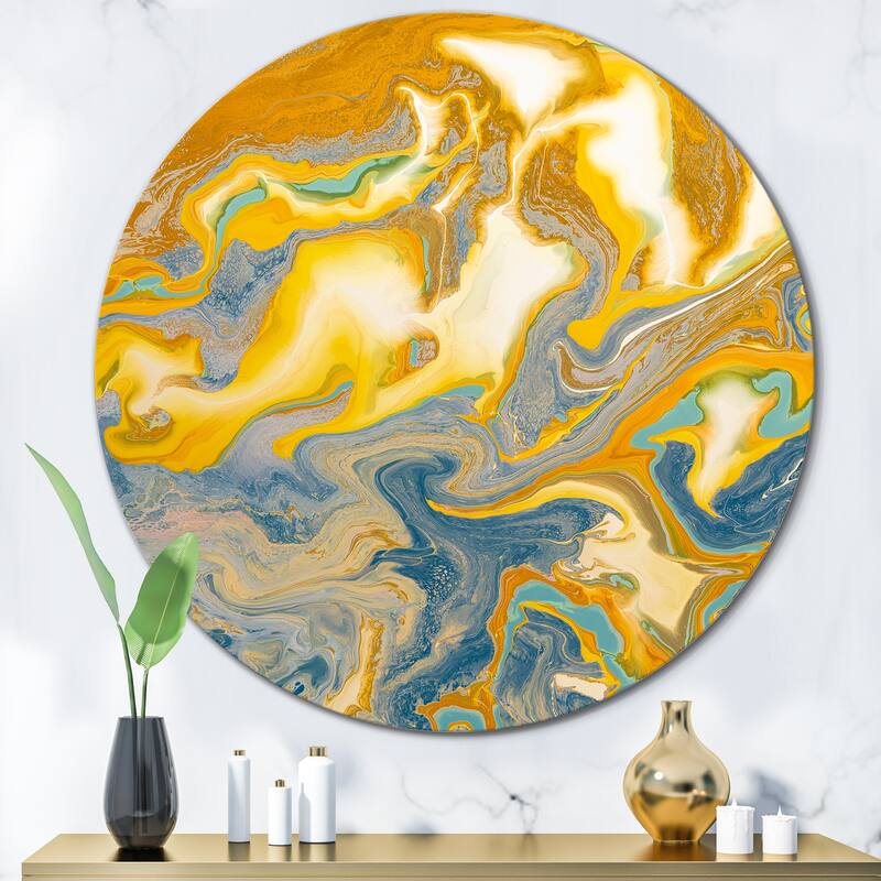 Designart 'Yellow And Blue Marble Waves I' Modern Metal Circle Wall Art - 36x36 - Disc of 36 Inch